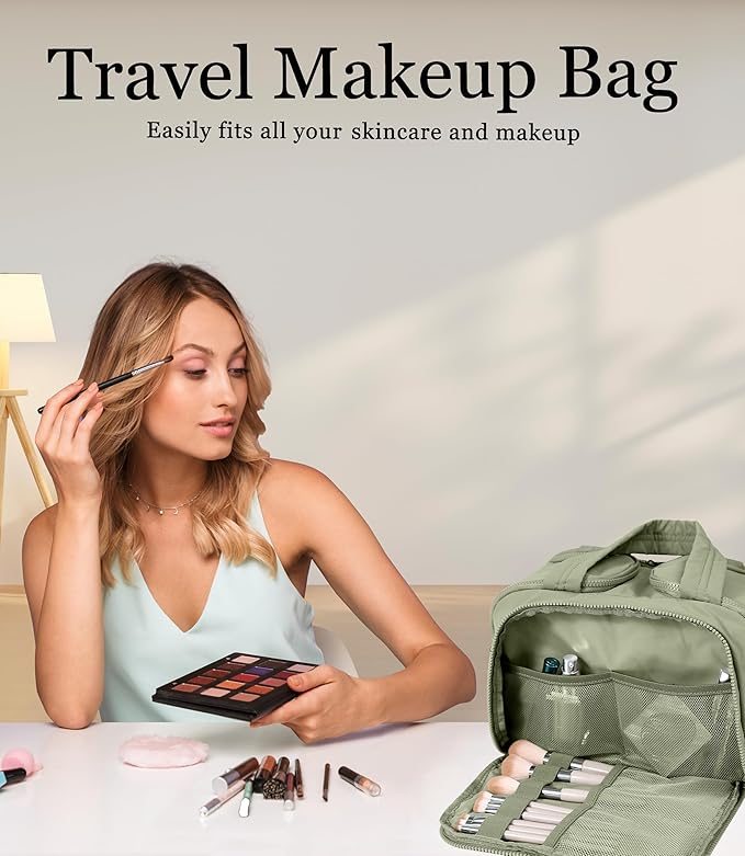 BUZFOWU Travel Toiletry Bag for Women, Large Wide-open Puffy Cosmetic Makeup Bag with Wet-Dry Separation, Multi-Pocket Organizer with Carry Handle for Toiletries, Cosmetics, Essentials, Green