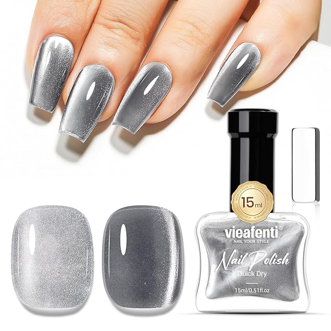 Cat Eye Nail Polish Silver 15ml, Quick Drying Nails Polish with Magnet Regular Cateye Air Dry Oil-Base Glossy Magnetic Nail Polish Non Gel for Ladies