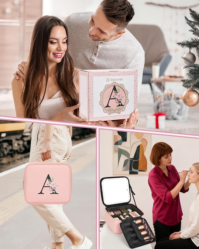Relavel Initial Makeup Bag with LED Mirror for Women Girls, Personalized Travel Cosmetic Organizer Train Case, Birthday Gifts for Grandkids Bridesmaid Graduation Teacher Friends, Trendy Stuff, Pink D