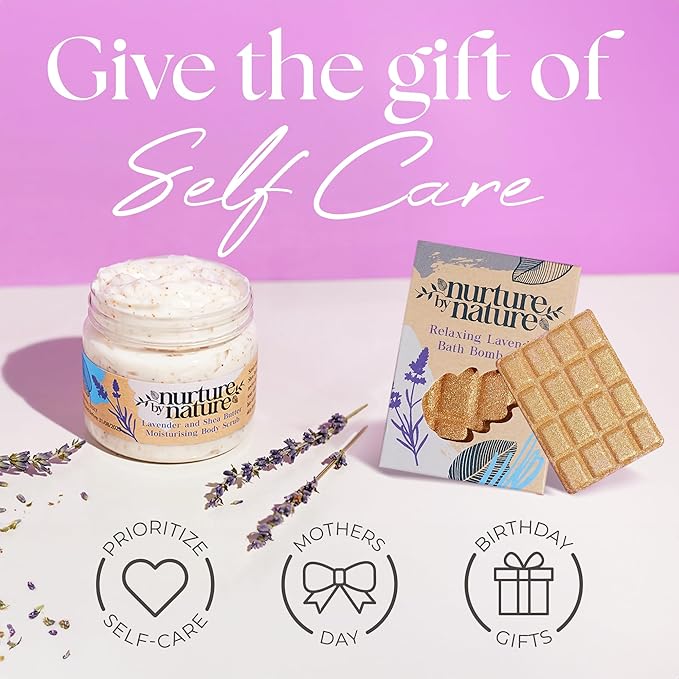 NURTURE BY NATURE Relax & Calm Christmas Gift Basket – Spa Gifts for Women with Bath Bomb, Hand Cream, Lavender Pillow Mist & Scented Candle - Stocking Stuffers, Holiday Gifts, Gifts for Mom