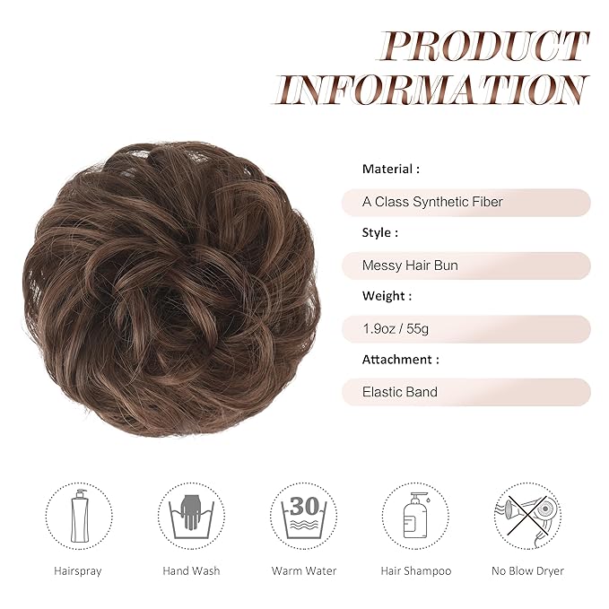 FESHFEN Large Messy Bun Hair Piece - Wavy Synthetic Chignon Scrunchies Elastic Ponytail Hair Extensions Thick Hairpieces for Women, Brunette Brown 1.94oz