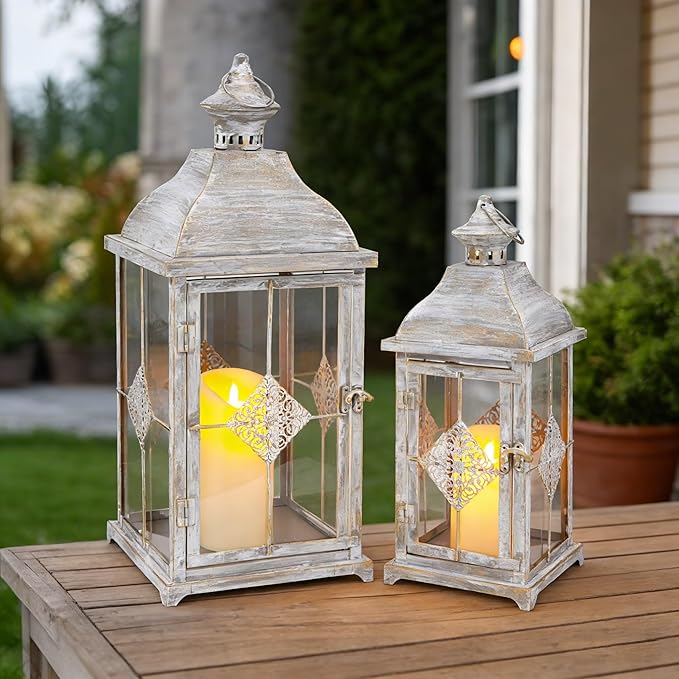TRIROCKS 20"&15" H Large Decorative Candle Lantern Antique Grey Brush Outdoor Lantern Set with Tempered Glass Metal Candle Holder for Porch Ideal for Gardens Spring Home Decor Indoor Outdoor