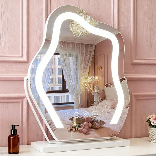 17″ Vanity Mirror with Lights Tabletop Cloud Shaped, Smart Touch, 3-Color Dim Lighting, 360° Rotation, Memory, Metal Frame, Plug-in AC Power, Makeup Mirror Gift for Women Teen Girls White
