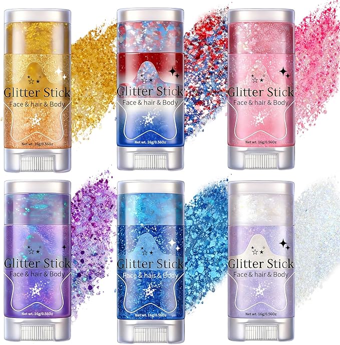 AROIC Body Glitter Stick - 6 Pack Mardi Gras Face & Hair Glitter with Chunky Sequins, Waterproof Sparkling Face Paint with Fruit Scent for Women Singer Festival Makeup Concert Party Rave Accessories