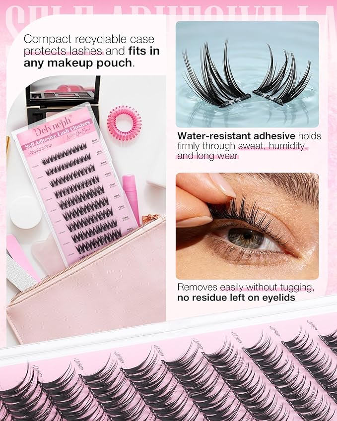 Self Adhesive Eyelashes Wispy Self Adhesive Lash Clusters Natural Clear Band Eyelash Clusters 8-14mm Short Cluster Eyelash Extensions Pre-Glued Cluster Lashes by Delyneph