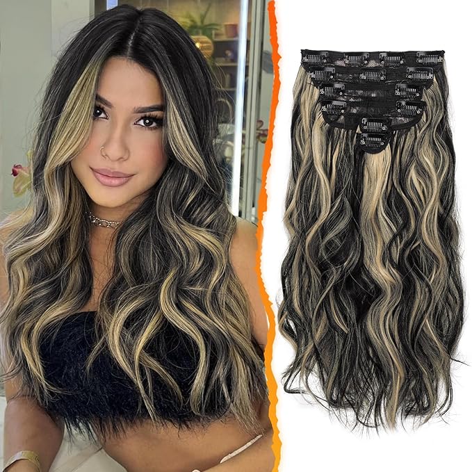 BARSDAR Black with Blonde Highlight Wavy Clip in Hair Extensions - Beach Wavy Clip in Hair Extensions for Women - 16 Inch 6 PCS Thick Soft Synthetic Highlights Hairpieces Daily Party Halloween