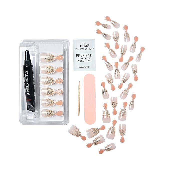 KISS Salon X-tend, Press-On Nails, Nail Glue Included, 'Satellite', Light Silver, Short Size, Coffin Shape, 30 Nails, 5Ml Led Soft Gel Adhesive, 1 Manicure Stick, 1 New Mini File, New Prep Pad