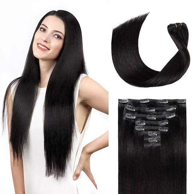 Clip in Hair Extensions Real Human Hair, Remy Hair Clip in Extensions Human Hair, Natural Black 100% Human Hair Extensions for Women #1B 16Inch 120G 7PCS