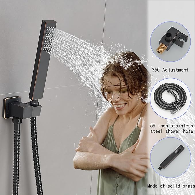 YCAIKOI Oil Rubbed Bronze Shower System, 8 Inch High Pressure Rain Shower with Handheld, Wall Mount Shower Faucet Set for Bathroom, Rough-in Valve Body and Trim Included