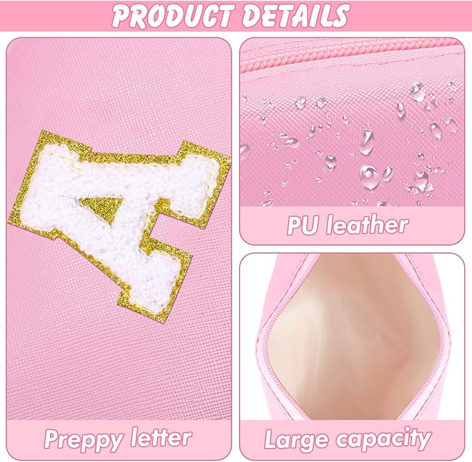 URSKYTOUS Initial Makeup Bag Personalized Preppy Cosmetic Bag Travel Toiletry Bag Waterproof PU Small Makeup Pouch Bag for Purse Birthday Gift Cute Stuff for Teen Girls Women (Pink A)