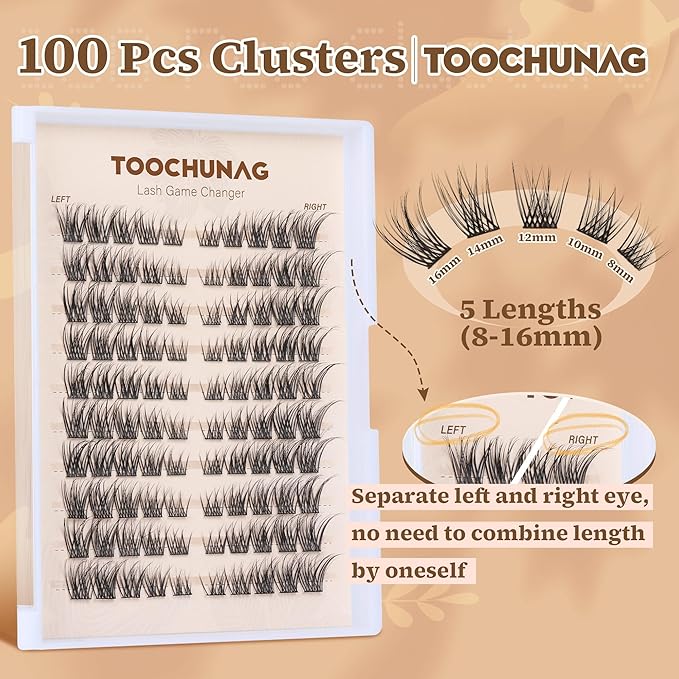 TOOCHUNAG Lash Clusters 8-16 Natural Eyelash Clusters 100pcs C-Curly Wispy Individual Lashes Left&Right DIY Lash Extension Thin Band Cluster Eyelashes Extensions