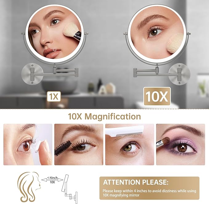 Hasipu 10-Inch Wall Mounted Makeup Mirror with Magnification, Rechargeable 3000 mAh Vanity Mirror with Lights, Bathroom Mirror with Dimmable Brightness, 3 Lighting Modes, Extendable Arm, Nickel
