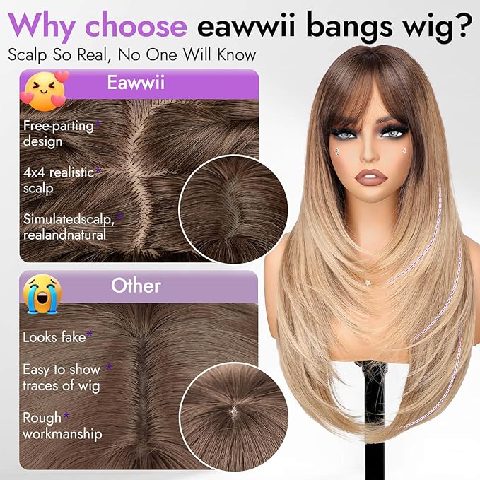 Long Honey Blonde Wig with Bangs for Women- Dark Root to Honey Blonde Ombre,4x4 Realistic Scalp,Free Parting,Layered Hairstyle Synthetic Heat Resistant for Daily Party Use 26 inch