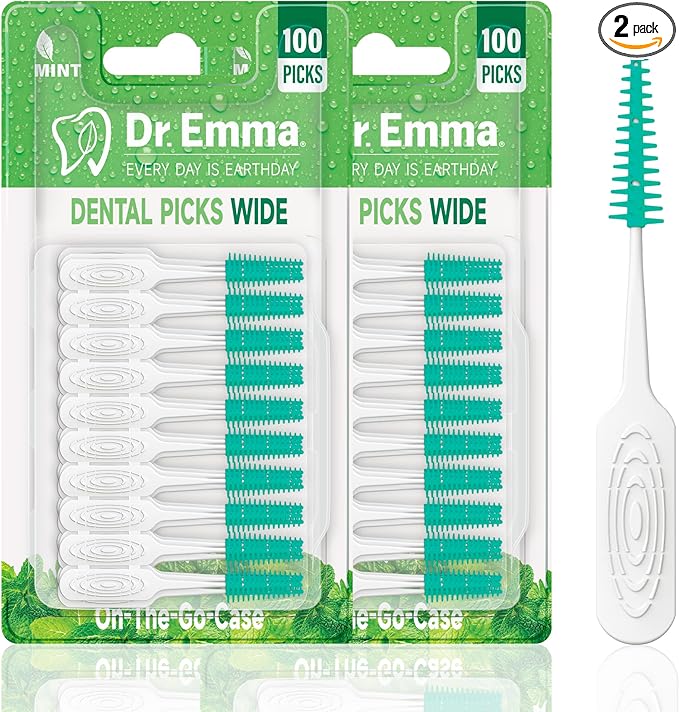 Dr. Emma Dental Picks Wide Space Mint Soft Rubberized Tooth Picks Floss Pick Easy to Use Brush Picks for Teeth Cleaning and Gum Health 100Ct/Pack, 2 Pack(200Ct)