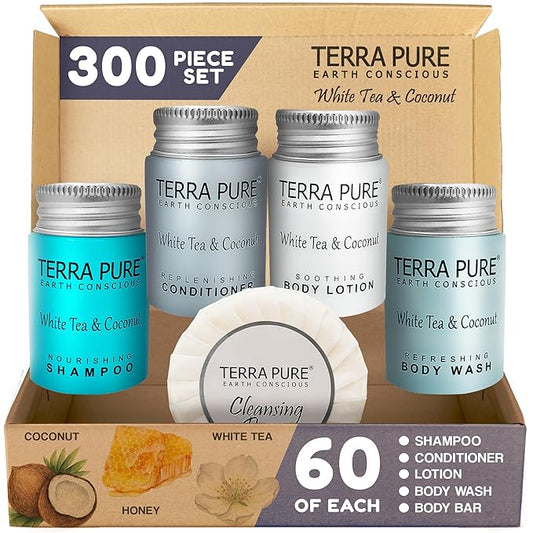 Terra Pure White Tea & Coconut Toiletries Set | 1-Shoppe Amenities Kit | 1oz Shampoo & Conditioner, Body Wash, Lotion, 1.25oz Bar Soap | Travel Size | 300 Pieces