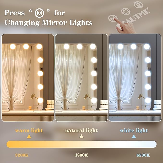 BEAUTME Large Vanity Mirror with Lights, 36''×24'' Makeup Mirror, Light up Mirror with 16 Dimmable LED Bulbs and 3 Color Lighting Modes, Tabletop or Wall Mounted, Silver