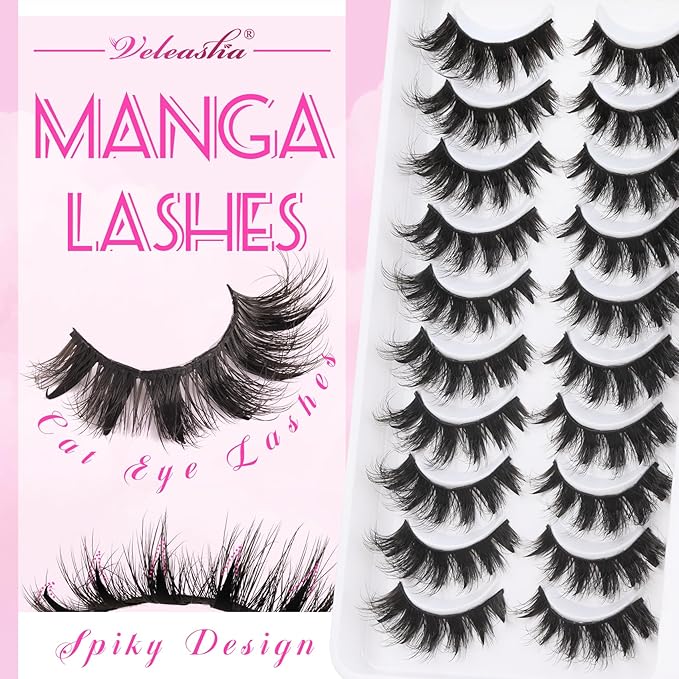 Veleasha Manga Lashes Faux Mink Lashes 8-17MM Cat Eye C Curl Fluffy Spiky Eyelashes with Black Cotton Band Anime 6D Effect False Eyelashes 10 Pairs Pack (Spiky01)