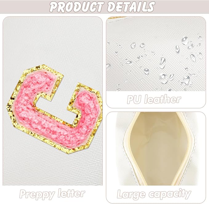 URSKYTOUS Initial Makeup Bag Personalized Preppy Travel Small Cosmetic Bag Cute PU White Chenille Letter Makeup Pouch for Purse Waterproof Zippered Toiletry Organizer for Women Girl Kid Friends(C)