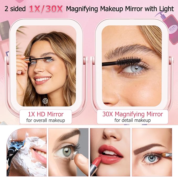 FUNTOUCH 30X/1X Travel Makeup Mirror with Lights, 3000mAh Rechargeable 2-Sided Magnifying Mirror, Portable Vanity Mirror, 3-Color Lighting Dimmable Touch Screen, for Women Gift, Pink