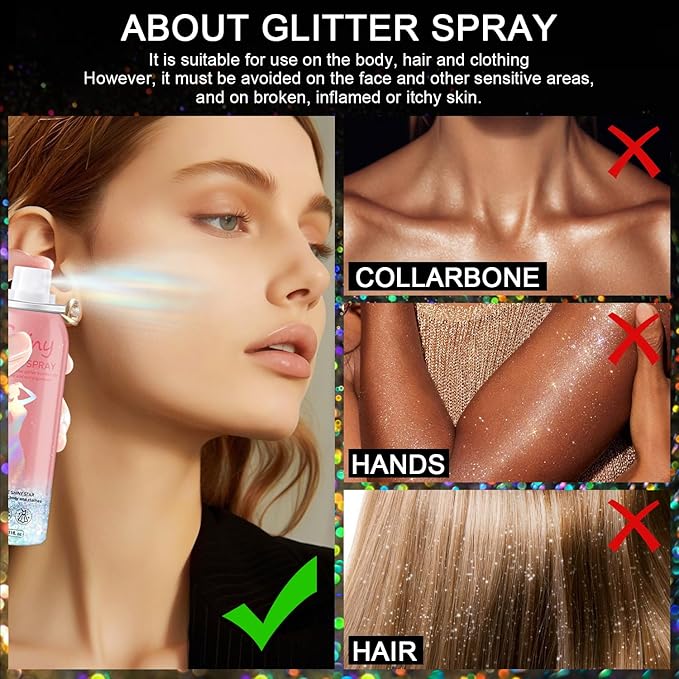 Holographic Body Glitter Spray - Silvery Shiny Shimmer for Hair, Face & Clothes | Quick-Drying, Long-Lasting Glitter Hairspray Temporary Shiny Mist for Festival, Rave, Music Concert, Prom Accessories