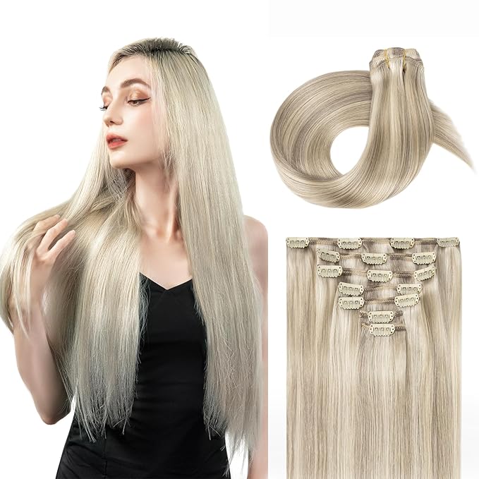 Clip in Hair Extensions Real Human Hair, Remy Hair Extensions Clip In Human Hair Thick and Silky, Ash Blonde Highlighted Platinum Blonde #P17A/60A 18Inch 120G 7PCS