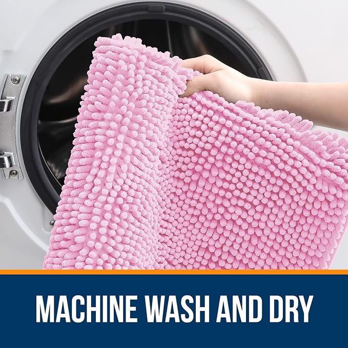 OLANLY Bathroom Rugs 47x20, Extra Soft Absorbent Chenille Bath Rugs, Rubber Backing Quick Dry, Machine Washable Bath Mats for Bathroom Floor, Tub and Shower, Home Decor Accessories, Pink