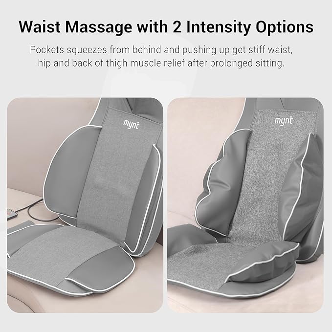Mynt FSA Eligible HSA Approved Shiatsu Neck and Back Massager for Chair with 10 Deep Kneading Nodes, 2D & 3D Adjustable Back Massage with Heat, Portable Massage Chair Pad (Gray)