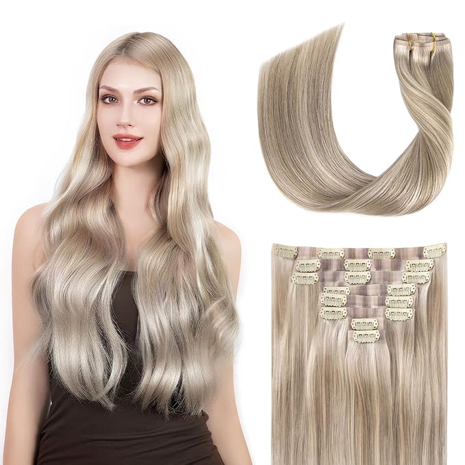 Clip in Hair Extensions Real Human Hair Seamless Clip Ins 100% Remy Hair Extensions PU Skin Weft Add Volume Ash Blonde Highlights Thick&Invisible #P18/613 22Inch 120G 8PCS