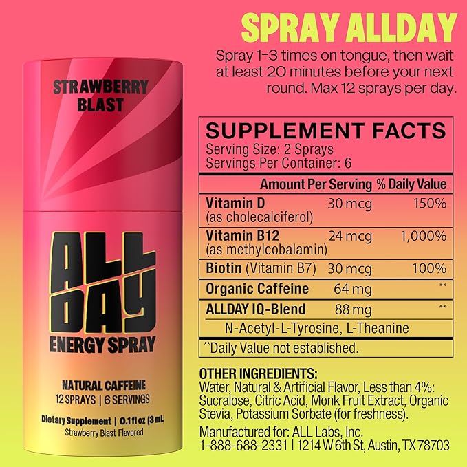 ALLDAY Caffeine Spray, Promotes Focus and Energy (Variety Pack, 4 Bottles, 48 Sprays) | 32mg Natural Caffeine per Spray | Pocket-Size Energy Shot with L-Theanine, Vitamin B12, & Vitamin D