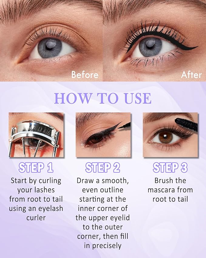 Black Mascara Liquid Eyeliner Set,5D Waterproof Fiber Colored Mascara Volume and Length,Longlasting Smudgeproof Color Eye Liner Pen,Cosplay Party Stage Use, Christmas Makeup Gift for Women Girl-01