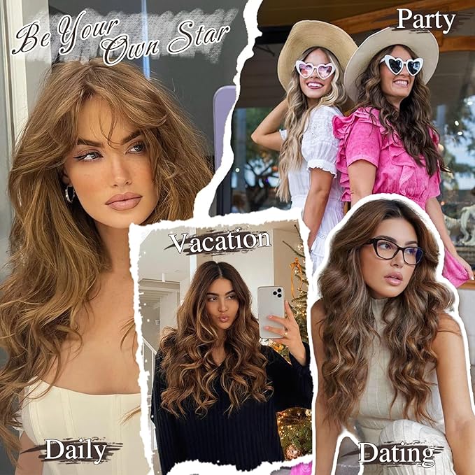 BARSDAR Brown Clip in Hair Extensions - 6PCs Beach Wavy Brown Clip in Hair Extensions for Women - 20 Inch Thick Soft Synthetic Clips on Hairpieces Easy Wear Daily Party Halloween
