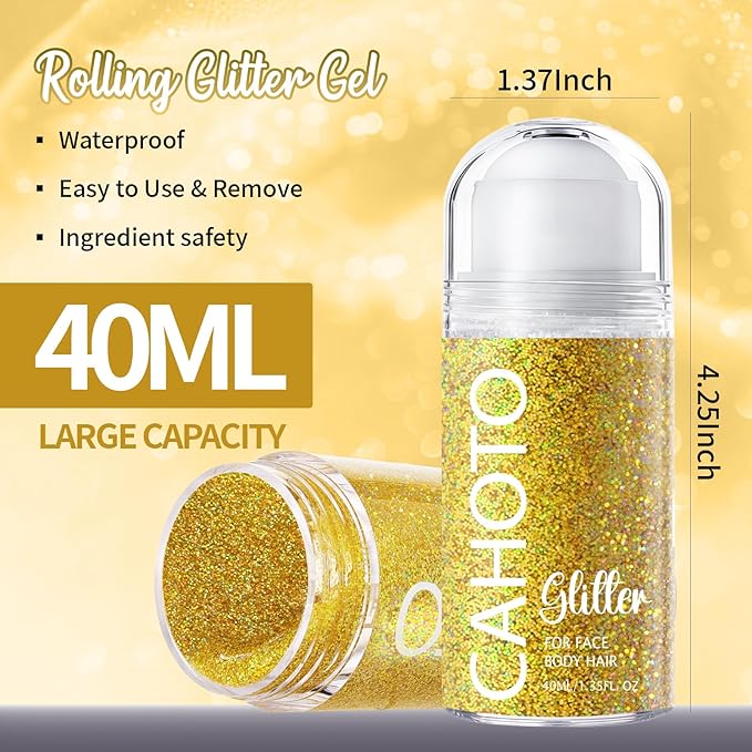Gold Rolling Glitter for Face Body & Hair, Sparkling Holographic Chunky Shimmer, Roll-on Sequins for Singer Concert Mardi Gras Rave Festival Halloween Party Carnival, 1.35fl.oz