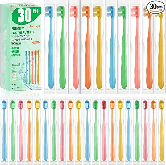 30-Pack Premium Bulk Disposable Toothbrushes, Individually Wrapped, Soft Bristles, Peanut Grip Handle for Travel, Guest Bathroom, Hotel & Emergency Kits, Family, Kids & Adults, Single Use