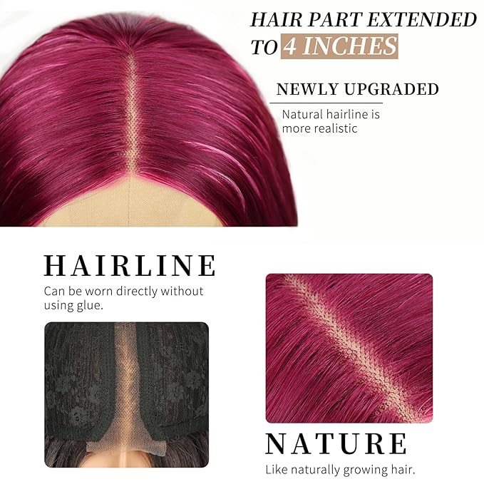 AISI HAIR Burgundy Mixed Rose Red Wig for Women, Long Wavy Lace Hairline Middle Part Synthetic Heat Resistant Wig for Daily Party-26 Inch