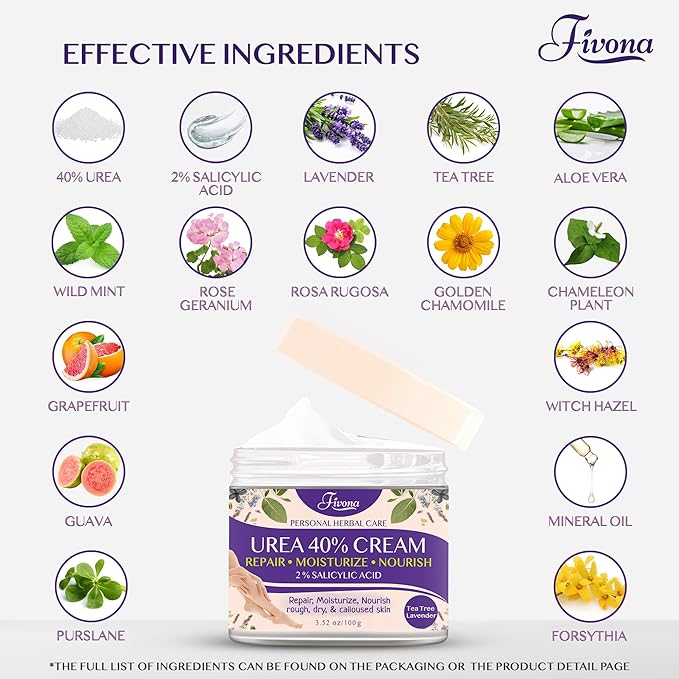 FIVONA 40% Urea Foot Cream for Dry Cracked Heels - Extra Strength Callus Softening Cream with 2% Salicylic Acid, Tea Tree & Lavender, 100g (3.5 oz)