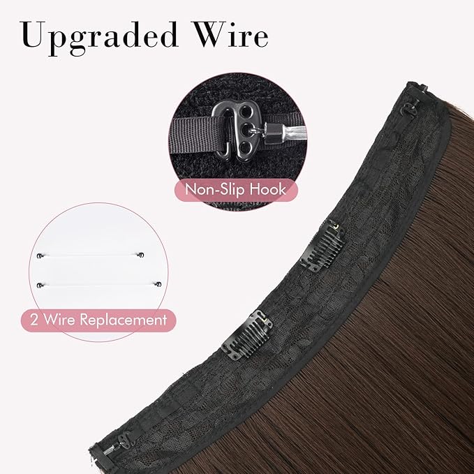 REECHO Invisible Wire Hair Extensions with Transparent Headband Adjustable Size Removable Secure Clips in Straight Secret Hairpiece for Women (16 Inch (Pack of 1), Light Ash Brown with Highlights)