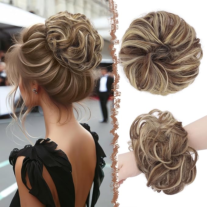FESHFEN Large Messy Bun Hair Piece - Wavy Synthetic Chignon Scrunchies Elastic Ponytail Hair Extensions Thick Hairpieces for Women, Copper Brown & Beige Blonde 1.94oz