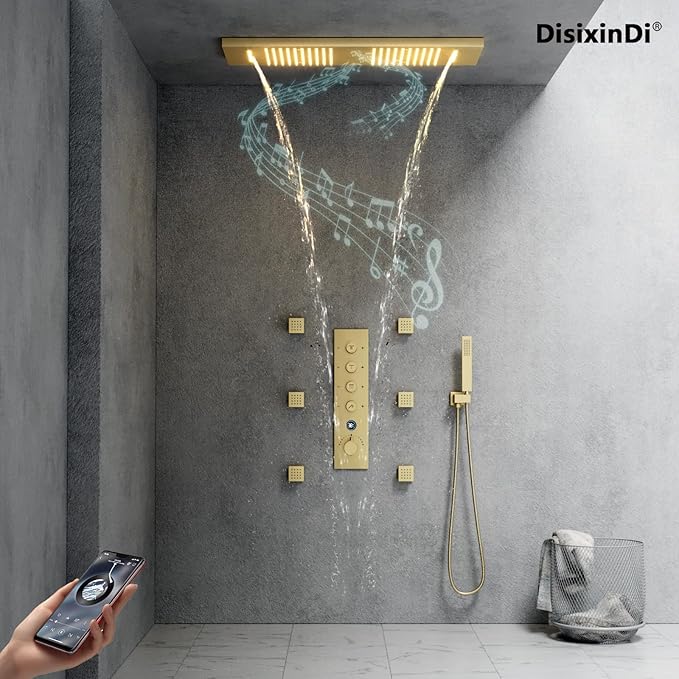 35.5X12 Inch Ceiling LED Music Dual Rain Shower Head Fit 2 Person Bathroom, Smart Large Luxury Thermostatic Rainfall Shower System Fixtures Set (Brushed Gold, Shower System With Body Jets)