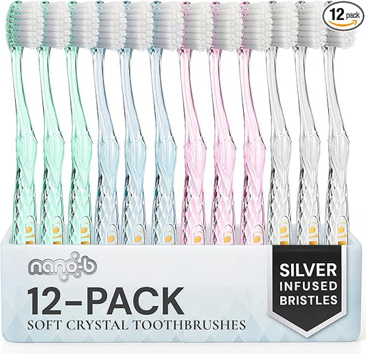 Nano-b Manual Toothbrush Set for Adults with Sensitive Gums, Silver Soft/Medium Bristles, Travel Cases, Blue, Pink, Green, Crystal, 12-Pack