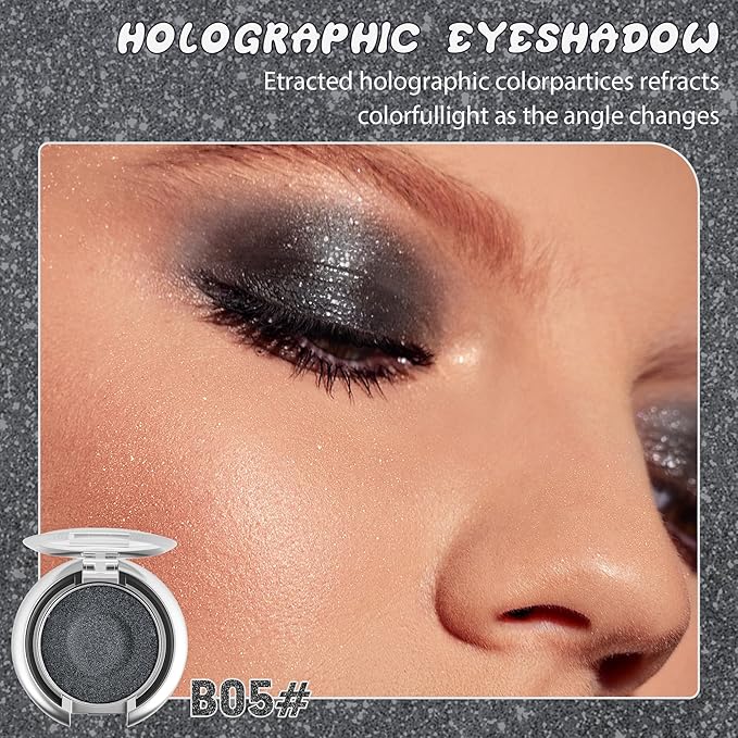 Glitter Eyeshadow,Duochrome Holographic Smoky Black Shimmer Eye Shadow,Chameleon High Pigmente Sparkly Shadows Palette，Iridescent Metallic Eye Highlighter，Makeup for Rave，LongWear,05#