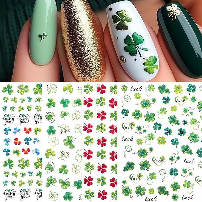 8Pcs St. Patrick's Day Nail Stickers Shamrocks Nail Art Stickers Irish Four Leaf Clover Nail Decals 3D Self-Adhesive Lucky Clover Nail Design St. Patrick's Day Nails Supplies for Women Manicure DIY