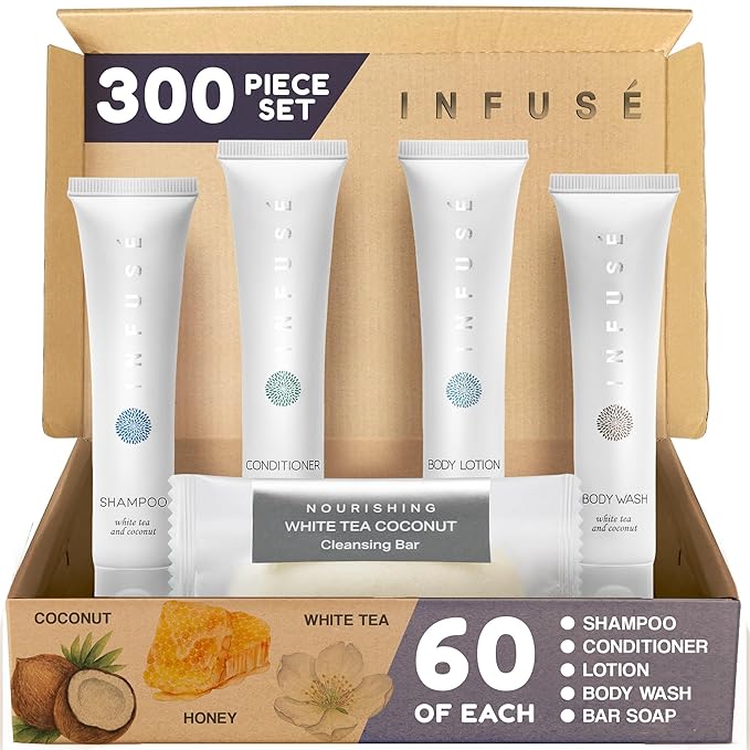 Infuse Pure White Tea and Coconut Hotel Soaps and Toiletries Bulk Set | 1-Shoppe All-In-Kit for Airbnb | 1oz Shampoo & Conditioner, Body Wash, Lotion & 1.25oz Bar Soap | Travel Size 300 Pieces