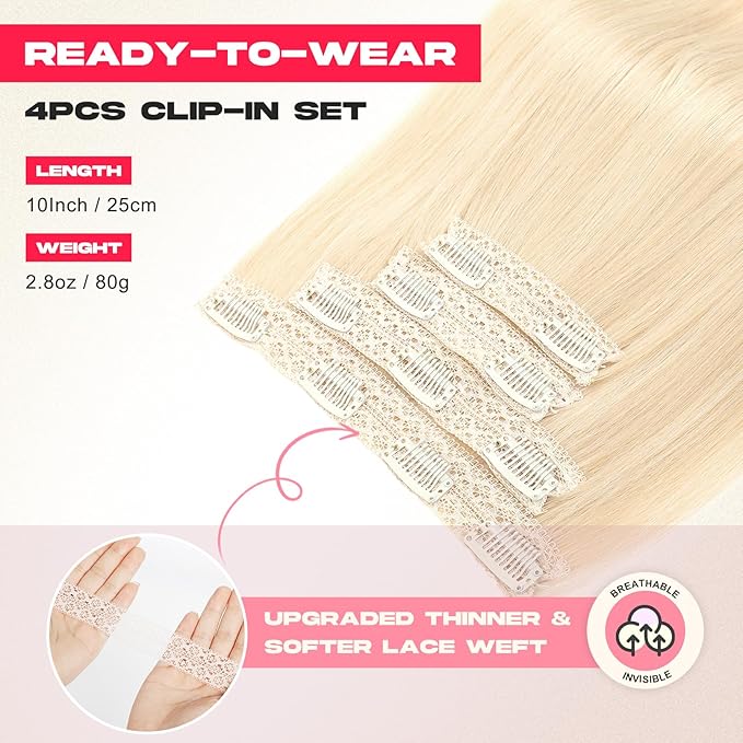 Hair Extensions, 10" Short Clip in Hair Extensions 4PCS Straight Natural Soft Synthetic Hairpiece for Women- Golden Blonde with Highlights