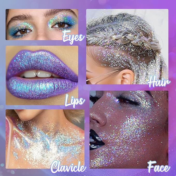 Purple Rolling Glitter for Face Body & Hair, Sparkling Holographic Chunky Shimmer, Roll-on Sequins for Singer Concert Rave Festival Halloween Party Mardi Gras Carnival, 1.35fl.oz