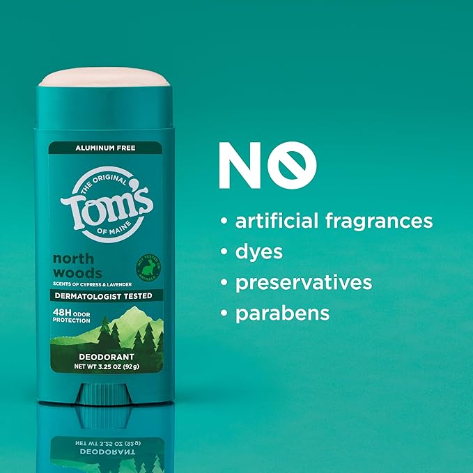 Tom’s of Maine North Woods Natural Deodorant for Men and Women, Aluminum Free, No Artificial Fragrances, Dyes, or Preservatives, Baking Soda Free, 48-Hour Odor Protection, 3.25 oz (2 Pack)