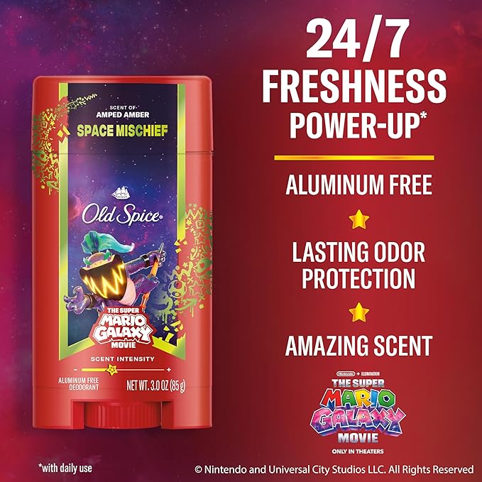 Old Spice Aluminum Free Deodorant for Men, Old Spice x The Super Mario Galaxy Movie, 24/7 Lasting Freshness, Lasting Odor Protection, Smell Super with Space Mischief, Amped Amber Scent, 3.0 oz