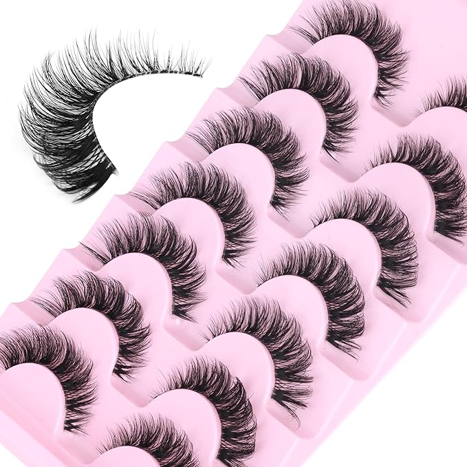 Wispy Lashes False Eyelashes Clear Band Cat Eye Lashes Natural Look 15MM Fake Eyelashes Pack Pestañas Postizas Naturales Wispy D Curvature Lashes, 7 Pairs