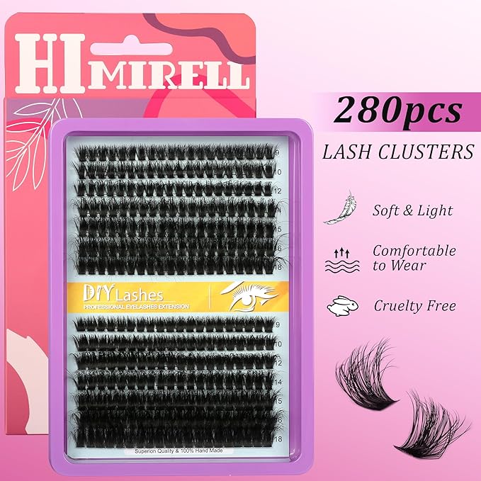 Lash Cluster 280 Pcs DIY Lash Clusters Extensions - 80D+60D Soft Wispy D Curl Eyelash Clusters for Home Makeup 9-18 mm Waterproof Cluster Eyelash Extensions