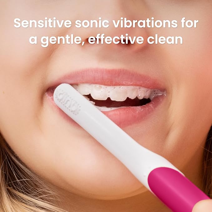 Quip Sonic Toothbrush for Kids with Timer - Includes Extra Brush Head and Travel Cover Mount - Electric, Soft Bristle Refill Head, Plastic Handle, 3 Month Battery Life - Wonder Pink