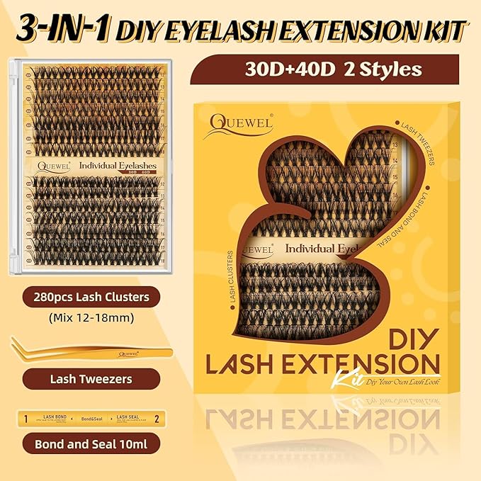 QUEWEL Lash Clusters, 280PCS 30+40D Lash Clusters Kit Mixed 2 styles 10-16mm, Thick Eyelash Clusters with Bond And Seal lashes clusters Glue and Lashes Tweezers Easy DIY at Home(D-30D+40D)